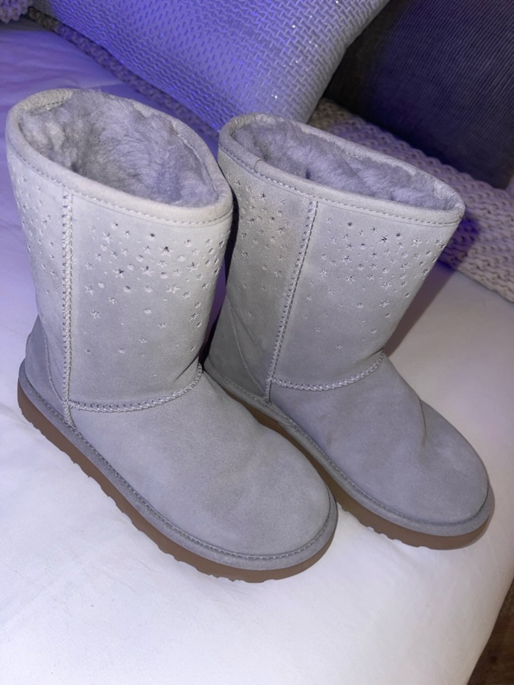 UGG Light Gray Suede Shearling Winter Boots with Star Perforation